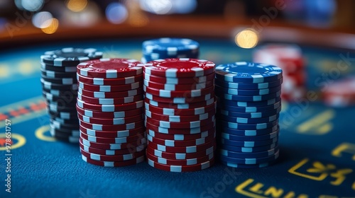 Casino Game Chips Stacked on Blue Felt Table