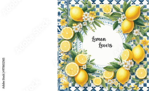 Lemon, flowers and blue Mediterranean tiles. Vector cute elegant watercolor illustration of lemons, frame, wreath, yellow checkered tablecloth and pattern for background, card, invitation or poster