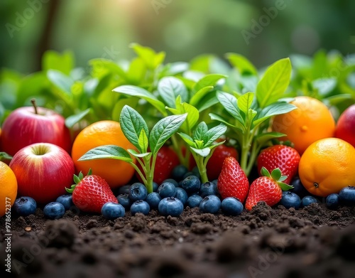 Stock Photo: Array of Freshly Picked Organic Fruits Arranged Around a Row of Young Green Plants Growing in Rich Soil photo