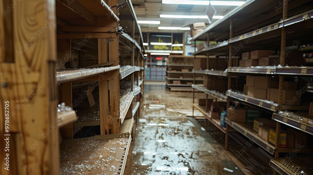 Fototapeta premium An empty retail store with abandoned shelves and a forlorn atmosphere.Natural lighting enhances the desolate mood, emphasizing the emptiness 