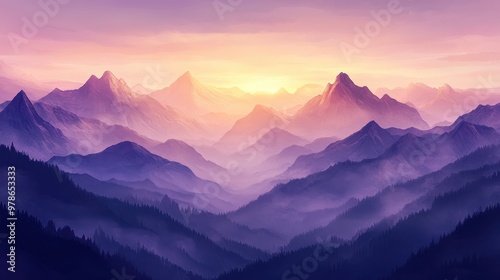 Serene mountain landscape at sunset with layered peaks and soft colors.