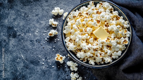 Delicious buttery popcorn in a bowl on a dark background, perfect for movie nights or snacking. photo