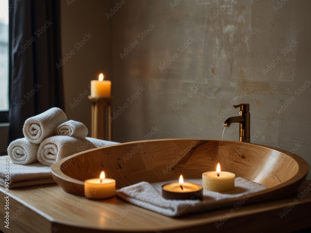 Relaxing Bath with Wooden Tub and Candles