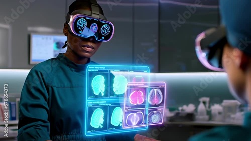 African American female surgeon using virtual reality smart glasses analyzing medical data with futuristic brain and DNA graphics