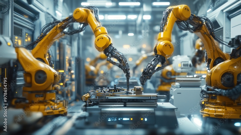 Automation in a high-tech factory, robotic arms assembling products, workers monitoring operations, futuristic industrial setting Automation in a high-tech factory, robotic arms assembling products, workers monitoring operations, futuristic industrial setting