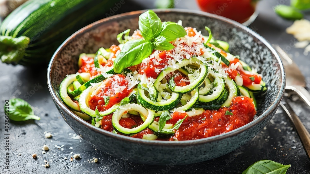 Delicious zucchini noodles topped with fresh tomato sauce and basil, perfect for healthy meals or vegetarian dishes. Delicious zucchini noodles topped with fresh tomato sauce and basil, perfect for healthy meals or vegetarian dishes.