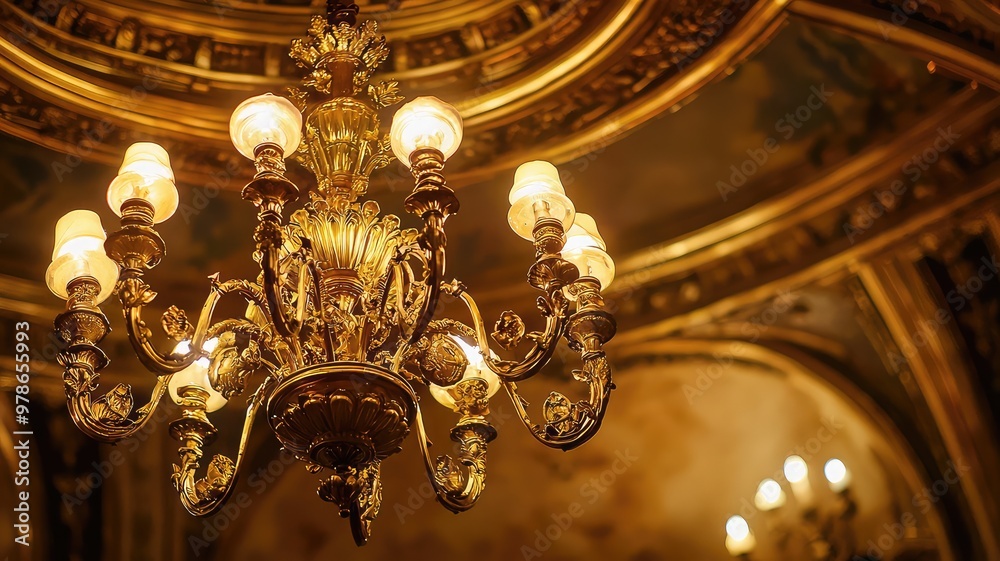 Obraz premium Elegant vintage chandelier suspended from an ornate ceiling, illuminating the luxurious interior with golden details and warm light.