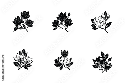 Three black flowers are arranged in a row. The flowers set are large and have a dark color. The arrangement is simple and elegant
