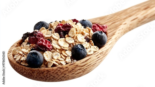 Cereals on a Wooden Spoon isolated on white background : Generative AI