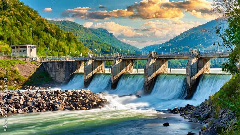 Large dam nestled in the mountains, with powerful water flow cascading into a river below. Large dam nestled in the mountains, with powerful water flow cascading into a river below.