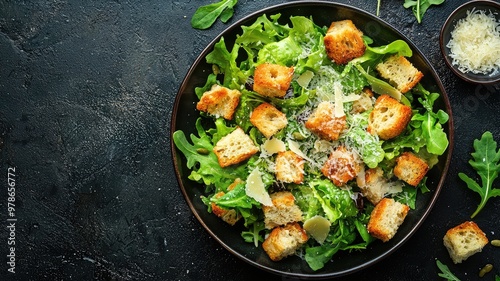 Fresh green salad with crispy croutons and grated cheese on a dark background, perfect for healthy meals and culinary presentations.