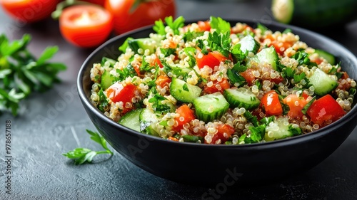 Fresh quinoa salad with vibrant vegetables and herbs, perfect for a healthy meal or side dish.