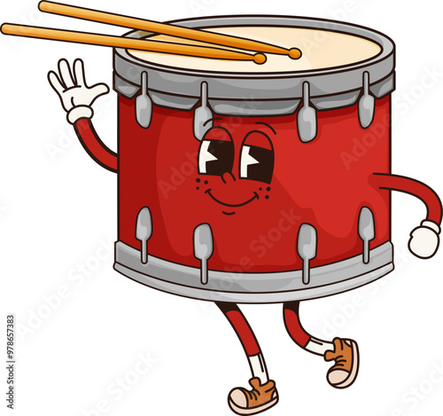 Cartoon drum groovy musical instrument character with sticks. Isolated vector funny percussion personage with drumsticks playing rhythmic music, promotes educational classes for kids with retro vibe