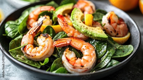 Fresh shrimp salad with spinach, avocado, and lemon, showcasing vibrant colors and healthy ingredients for a delicious meal.