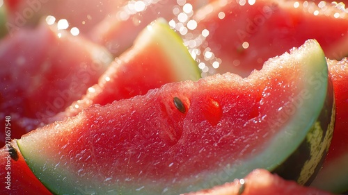 Fresh watermelon slices glistening in sunlight, perfect for summer enjoyment and healthy snacking.