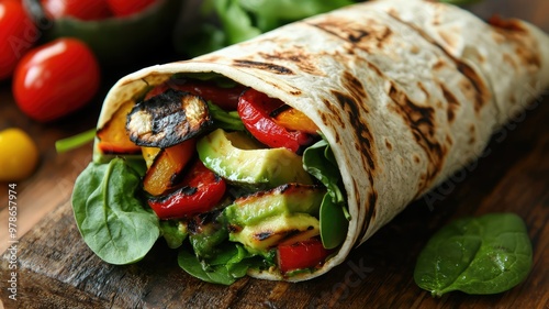 Freshly made vegetable wrap filled with colorful grilled veggies and spinach, served on a wooden board. photo