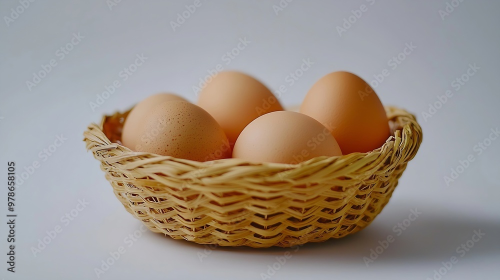 Natural Chicken Eggs in a Woven Straw Basket isolated on a white background : Generative AI Natural Chicken Eggs in a Woven Straw Basket isolated on a white background : Generative AI