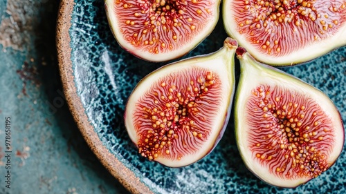 Freshly sliced figs arranged on a decorative plate, showcasing their vivid color and unique texture, perfect for healthy recipes. photo