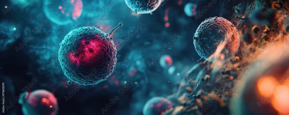 Vibrant visualization of microscopic cells in a dynamic environment, showcasing intricate details and captivating colors. Vibrant visualization of microscopic cells in a dynamic environment, showcasing intricate details and captivating colors.
