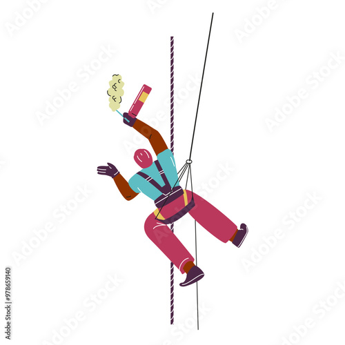 A professional climber with mounting foam in his hands demonstrates climbing equipment