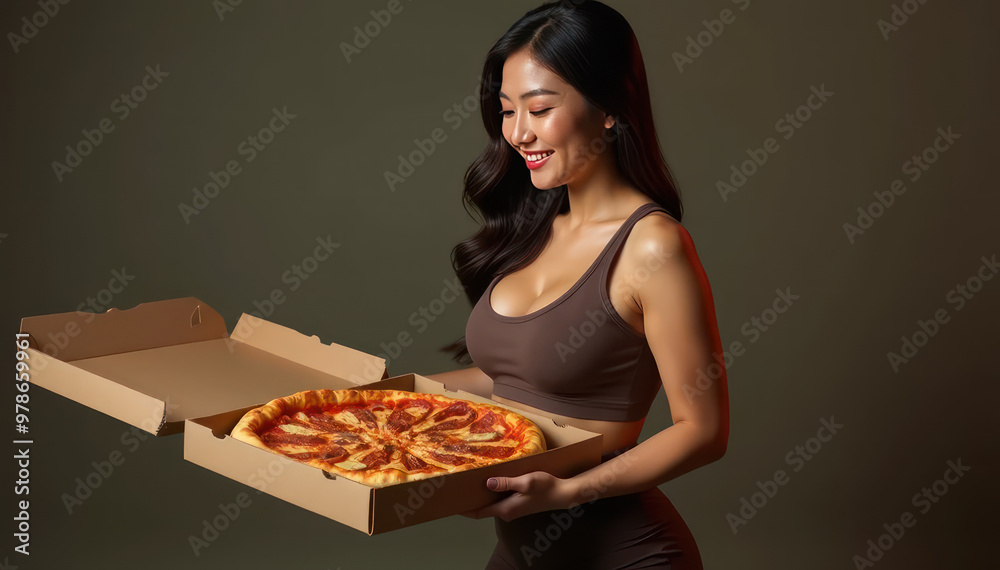 Woman Smiling with Pizza in Hand Relaxing Indoors Woman Smiling with Pizza in Hand Relaxing Indoors