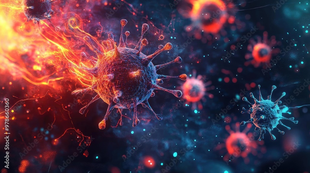 Abstract illustration of viruses in vibrant colors, showcasing dynamic movement and intricate details. Perfect for medical and scientific themes. Abstract illustration of viruses in vibrant colors, showcasing dynamic movement and intricate details. Perfect for medical and scientific themes.