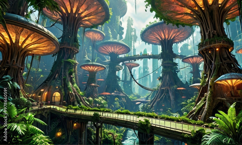 Obraz premium Futuristic Tree Cityscape with Skywalks