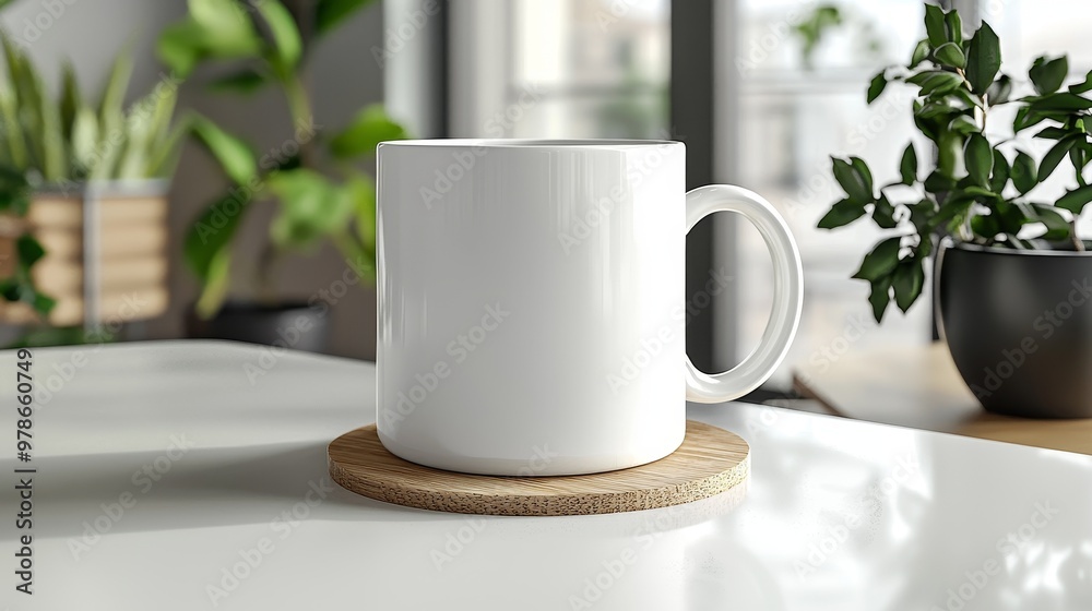 Minimalistic white blank mug with a wooden coaster on a white table, front-facing mock-up for product branding and design presentation, ideal for showcasing logos, text, or custom artwork. Minimalistic white blank mug with a wooden coaster on a white table, front-facing mock-up for product branding and design presentation, ideal for showcasing logos, text, or custom artwork.