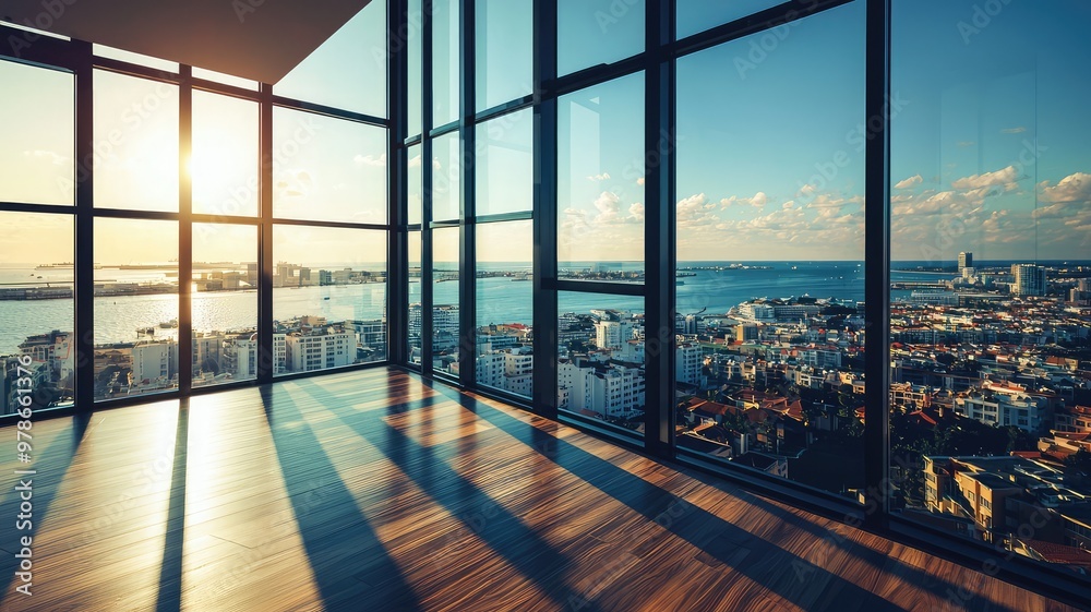 Modern interior with panoramic window view overlooking cityscape and sunset, showcasing elegance and urban lifestyle. Modern interior with panoramic window view overlooking cityscape and sunset, showcasing elegance and urban lifestyle.