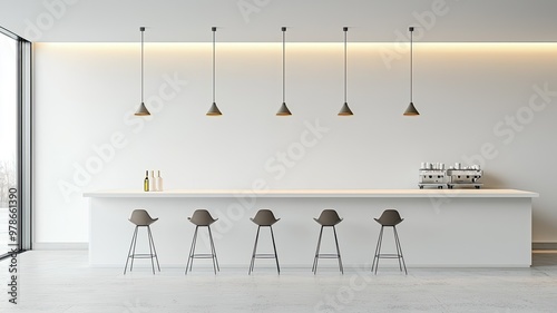 Modern kitchen interior featuring a minimalist bar area with stylish stools and elegant pendant lighting. photo