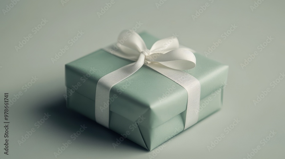 A small birthday gift wrapped in soft pink green paper, tied with a delicate white ribbon, placed on a light gray background. Simple and elegant design, realistic style. A small birthday gift wrapped in soft pink green paper, tied with a delicate white ribbon, placed on a light gray background. Simple and elegant design, realistic style.
