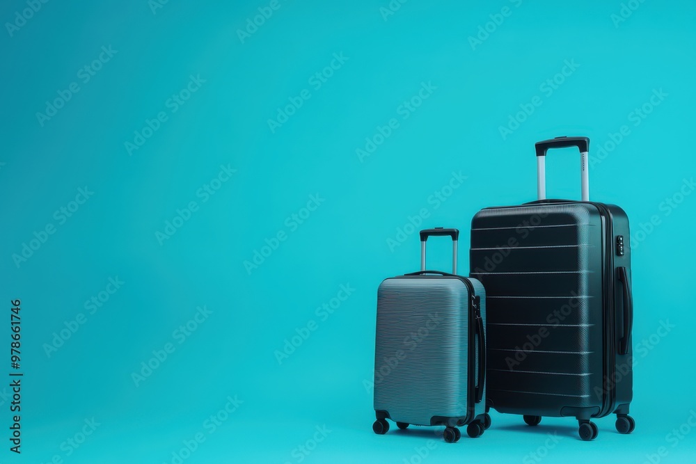 Two stylish black suitcases on a vibrant turquoise background, ideal for travel.