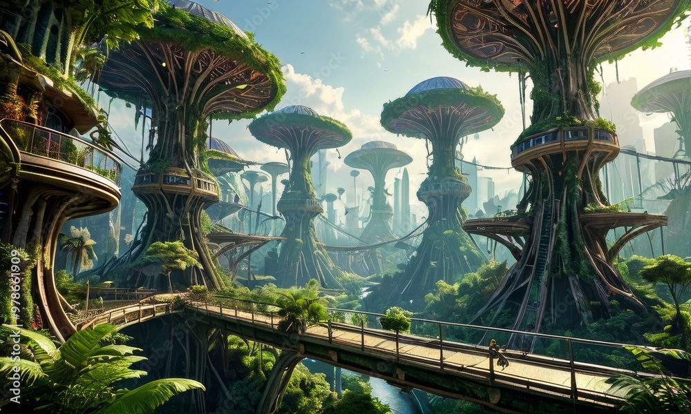 Fototapeta premium Futuristic Tree Cityscape with Skywalks