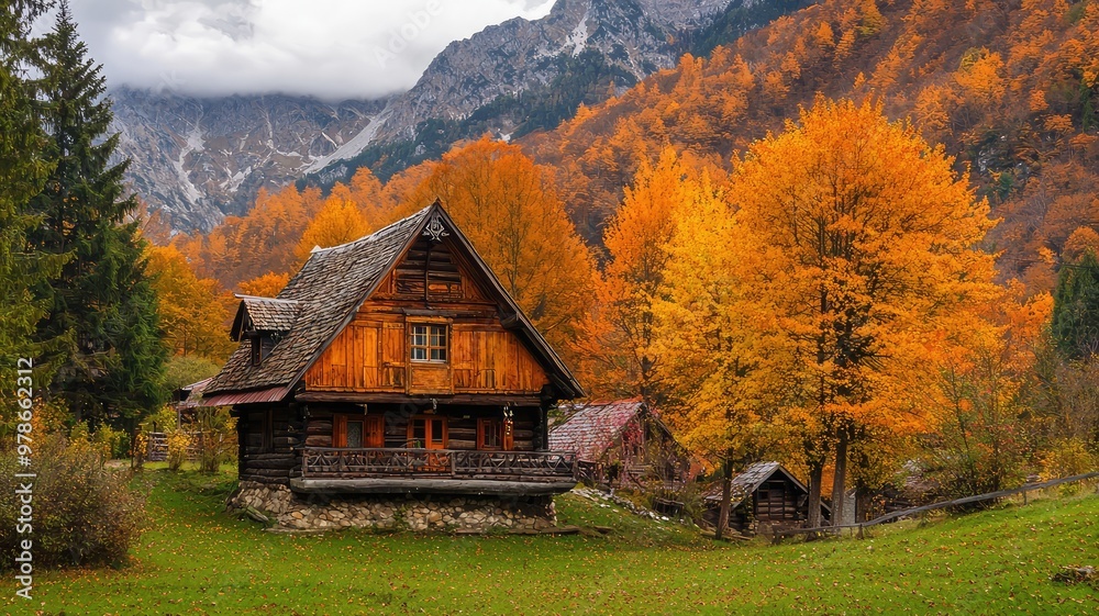 Picturesque wooden cabin surrounded by vibrant autumn foliage and majestic mountains under cloudy skies. Picturesque wooden cabin surrounded by vibrant autumn foliage and majestic mountains under cloudy skies.