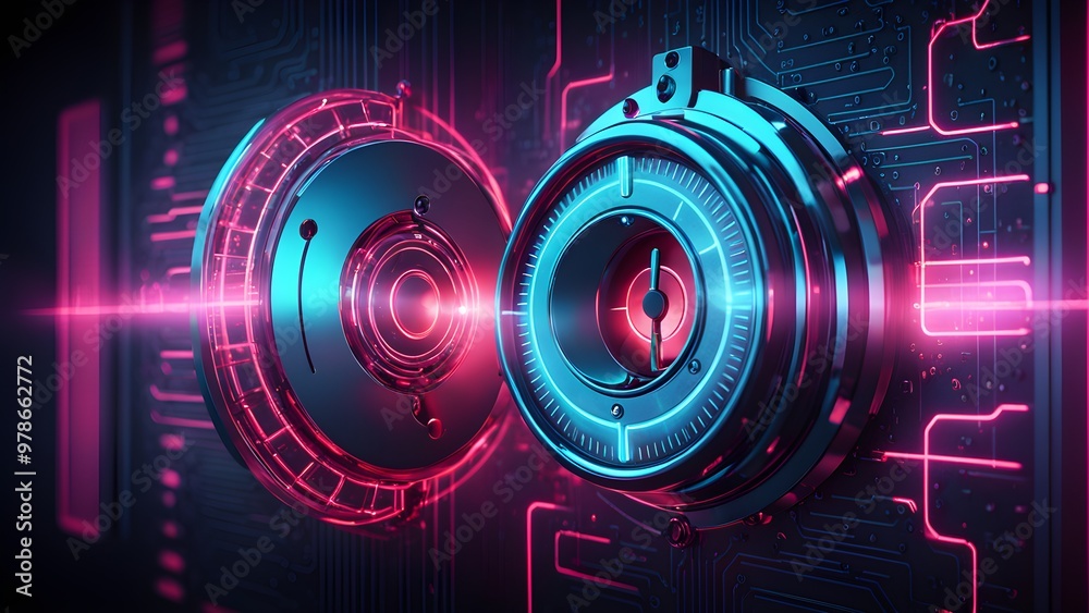Two futuristic metallic gears on a circuit board, glowing with pink and blue lights. Two futuristic metallic gears on a circuit board, glowing with pink and blue lights.