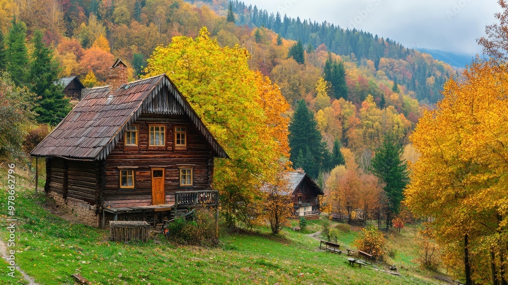 Scenic autumn landscape featuring a rustic wooden house surrounded by vibrant fall foliage in a tranquil forest setting. Scenic autumn landscape featuring a rustic wooden house surrounded by vibrant fall foliage in a tranquil forest setting.