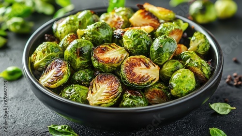 Roasted Brussels sprouts in a black bowl, showcasing a tasty, healthy vegetable dish perfect for dietary meals. photo