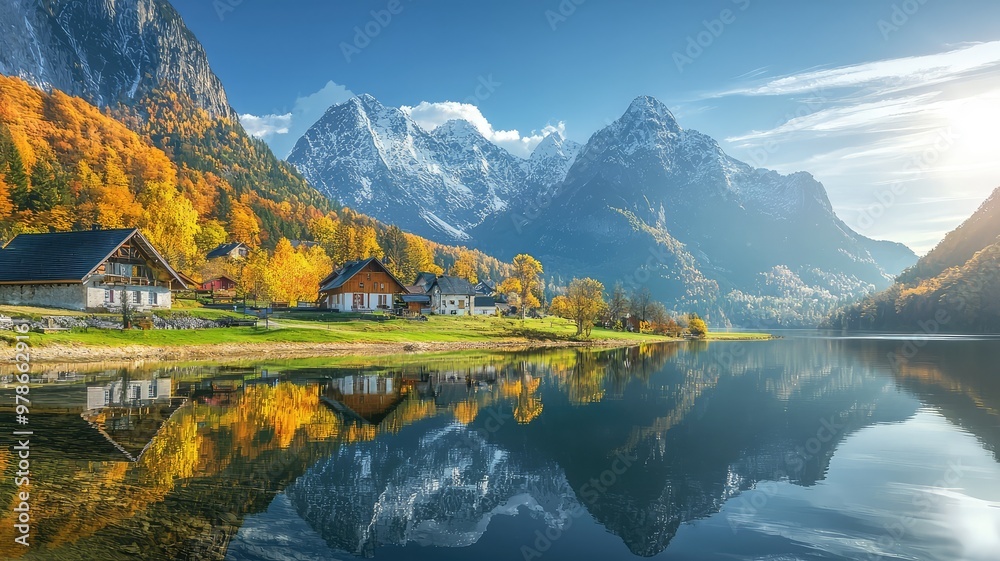 Fototapeta premium Scenic mountain landscape with vibrant autumn colors reflecting in a tranquil lake, showcasing nature's beauty and serenity.