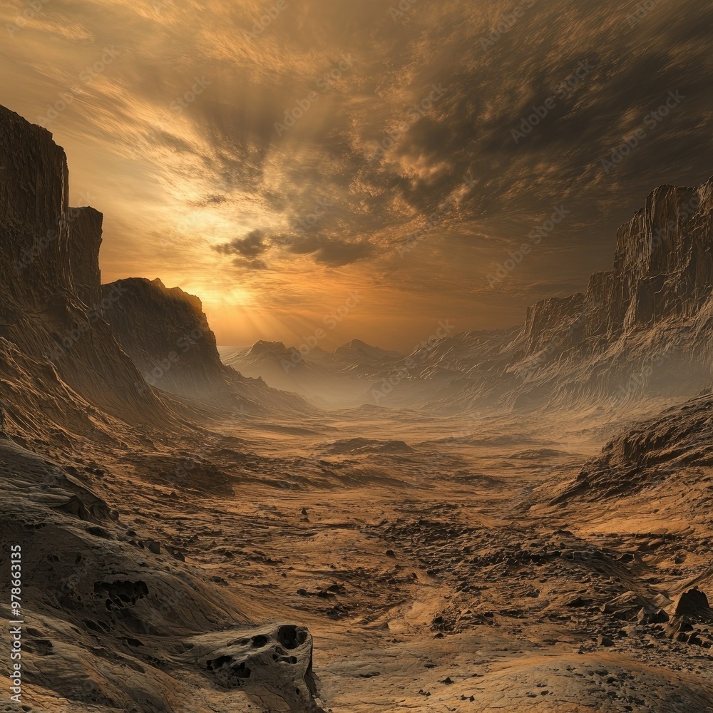 Naklejka premium A barren Martian landscape with craggy cliffs, deep craters, and rocky hills under a swirling sky