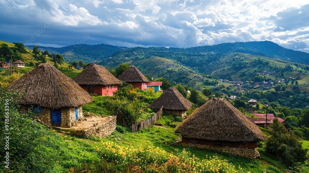 Scenic view of traditional thatched houses nestled in lush green hills under a dramatic sky, embodying rural charm and tranquility. Scenic view of traditional thatched houses nestled in lush green hills under a dramatic sky, embodying rural charm and tranquility.