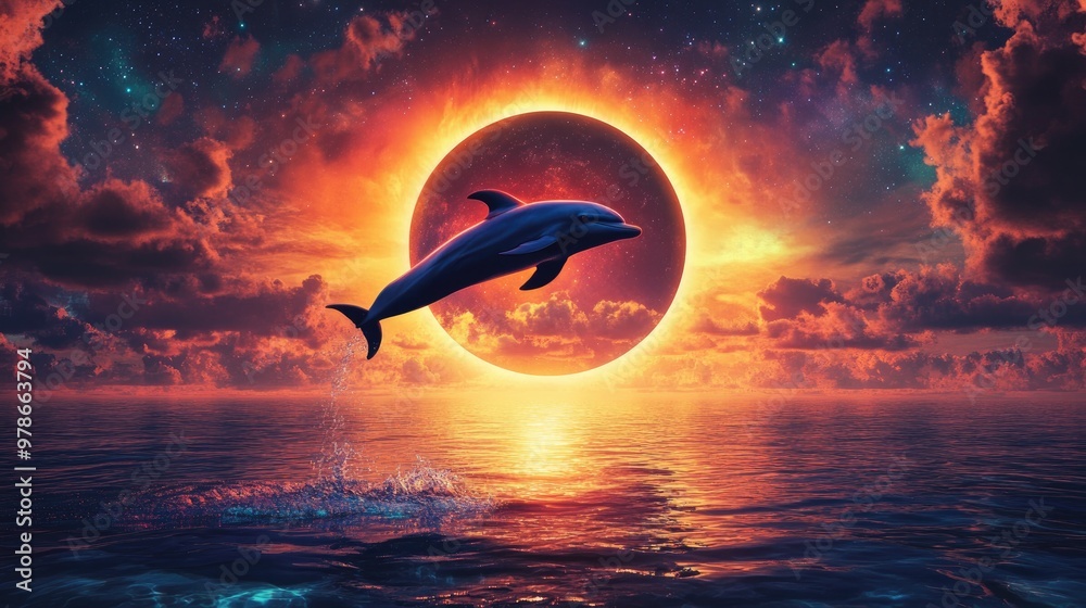 Naklejka premium A majestic dolphin leaps from the ocean against a vibrant, surreal sunset with an eclipse-like glowing orb in the sky.