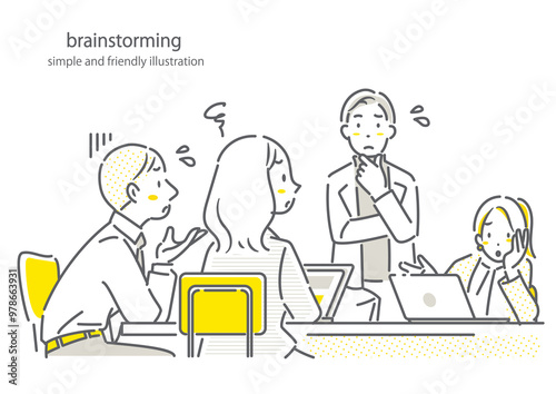 ビジネスミーティングで話し合いをする人々　シンプルでお洒落な線画イラスト