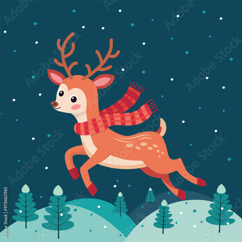 A cute Christmas reindeer in a scarf.; The vector illustration symbolizes Christmas and New Year.