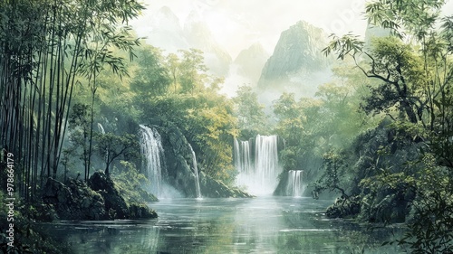 Serene landscape featuring a tranquil waterfall cascading into a lush forested area, surrounded by misty mountains. photo