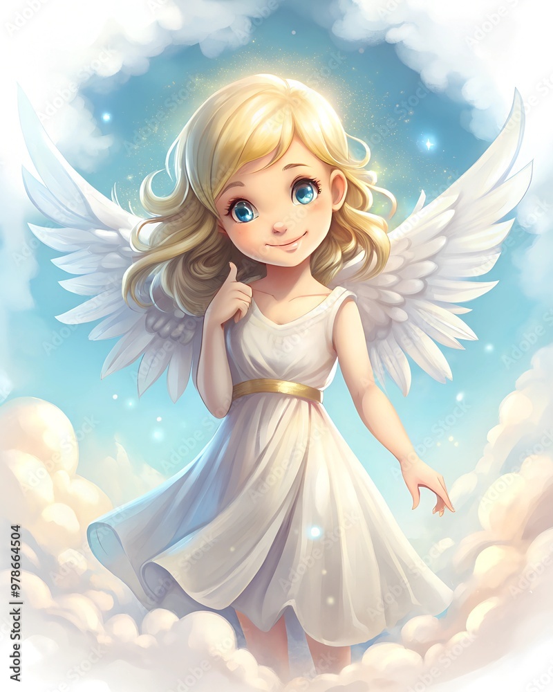 Cute little girl with angel wings in the sky. Fantasy illustration. Cute little girl with angel wings in the sky. Fantasy illustration.