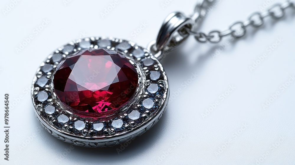 Elegant silver necklace featuring a large red gemstone pendant. Elegant silver necklace featuring a large red gemstone pendant.