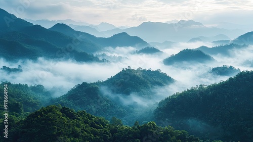 Serene mountains shrouded in mist, creating a tranquil atmosphere with lush greenery and gentle sunlight filtering through clouds.