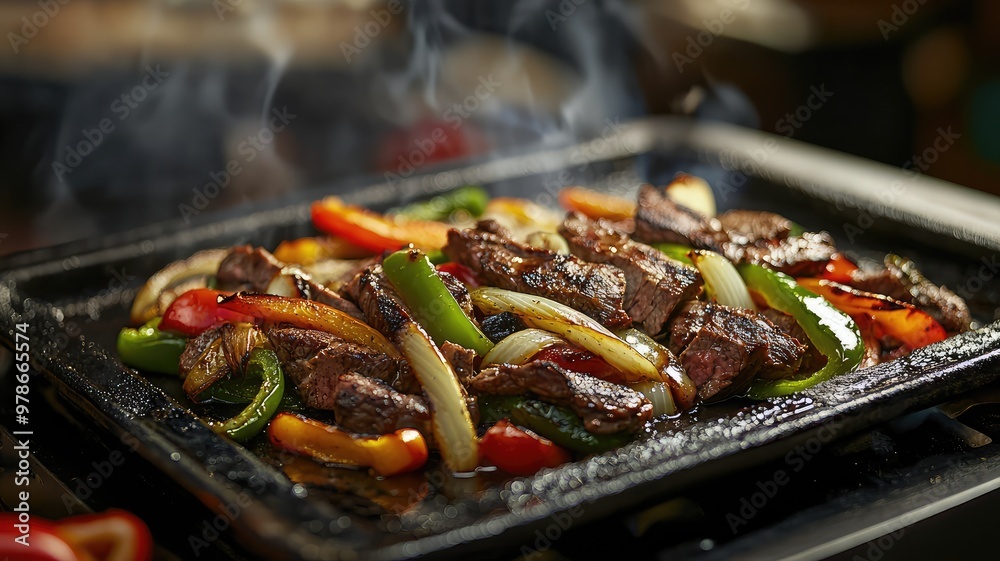 Sizzling beef fajitas served on a hot plate with colorful bell peppers and onions, creating a mouth-watering dining experience.