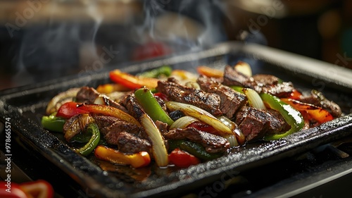 Sizzling beef fajitas served on a hot plate with colorful bell peppers and onions, creating a mouth-watering dining experience.