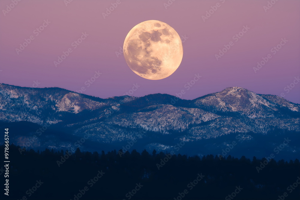 Majestic full moon rising over purple-hued mountain range Majestic full moon rising over purple-hued mountain range